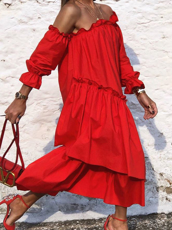 xakxx Loose Irregularity Falbala Solid Color Off-The-Shoulder Midi Dresses