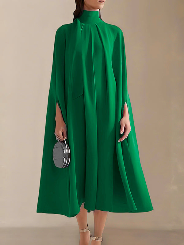 xakxx Simple Batwing Sleeves Lace-Up Solid Color High-Neck Midi Dresses
