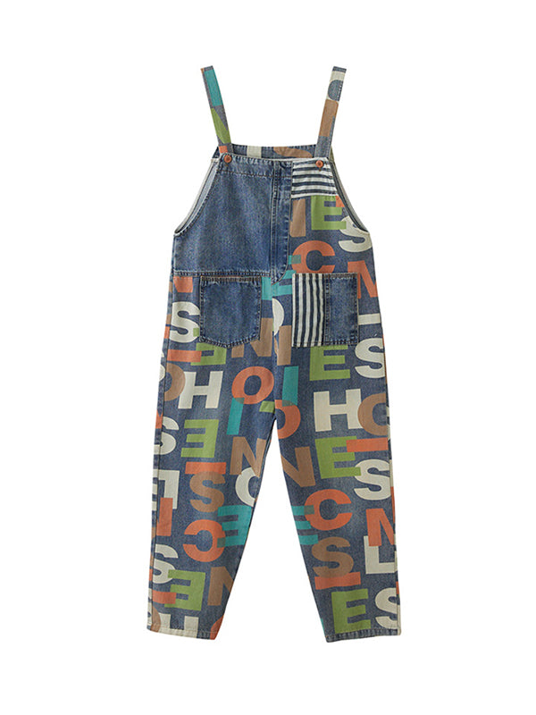 xakxx High Waisted Loose Asymmetric Buttoned Letter Print Pockets Split-Joint Striped Overalls