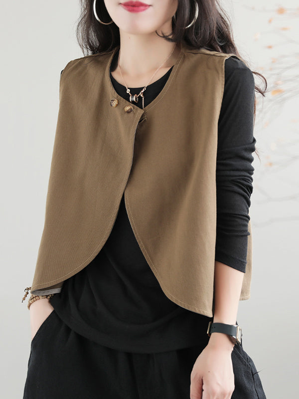 xakxx Artistic Retro Loose Sleeveless Solid Color Round-Neck Vest Outerwear
