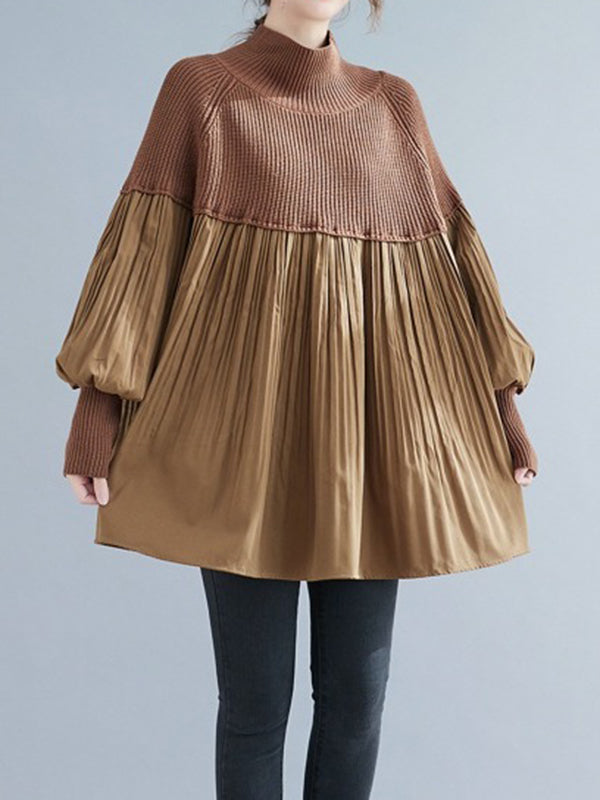 xakxx Long Sleeves Loose Pleated Split-Joint High Neck Sweater Tops