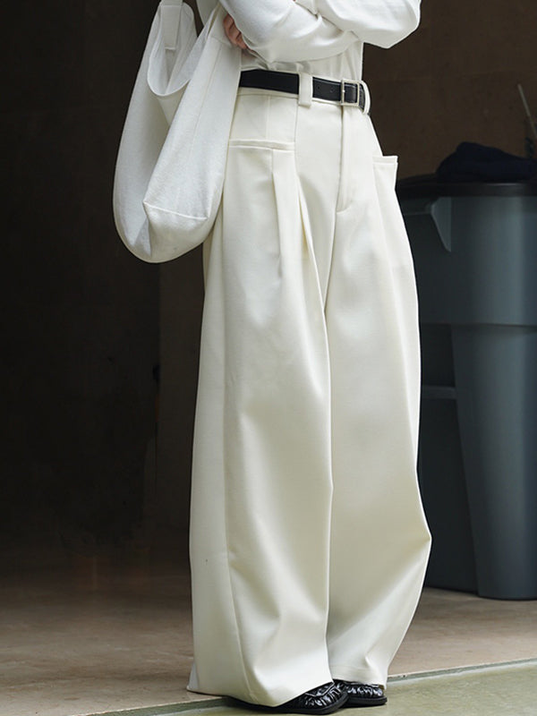 xakxx Loose Pleated Solid Color Wide Leg Pants Bottoms