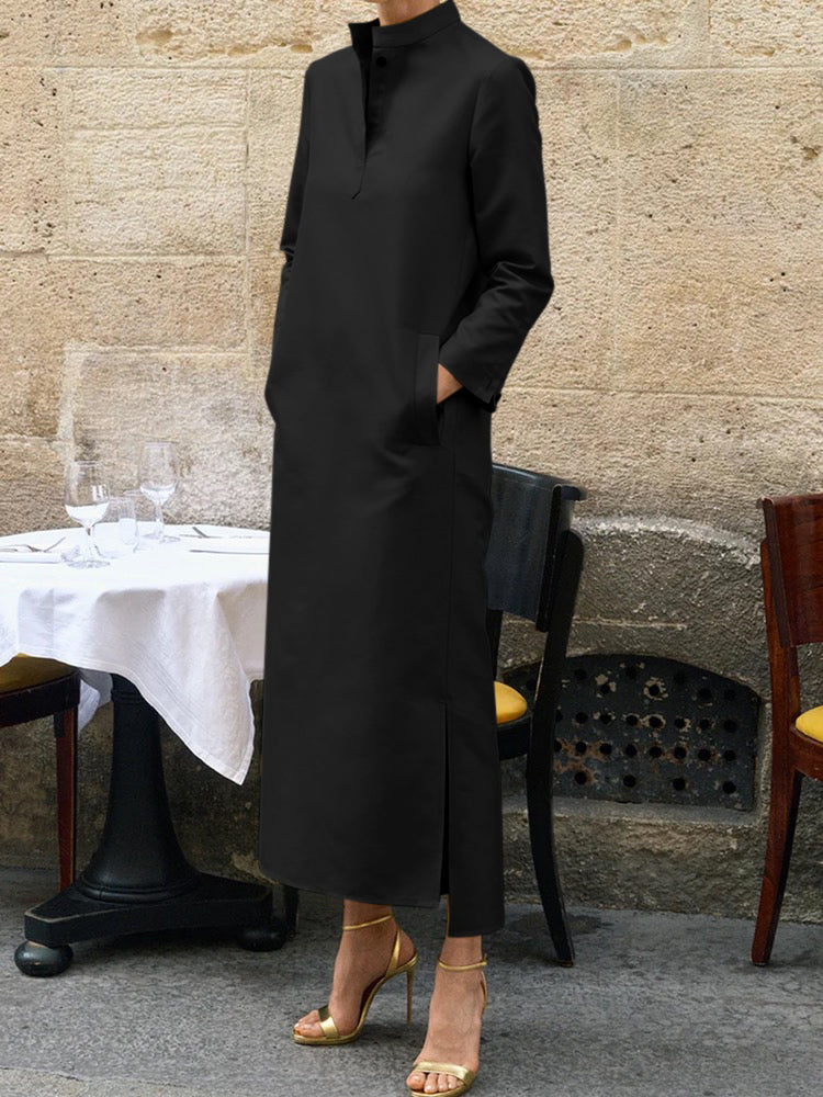 xakxx Long Sleeves Loose Solid Color Split-Side Stand Collar Midi Dresses