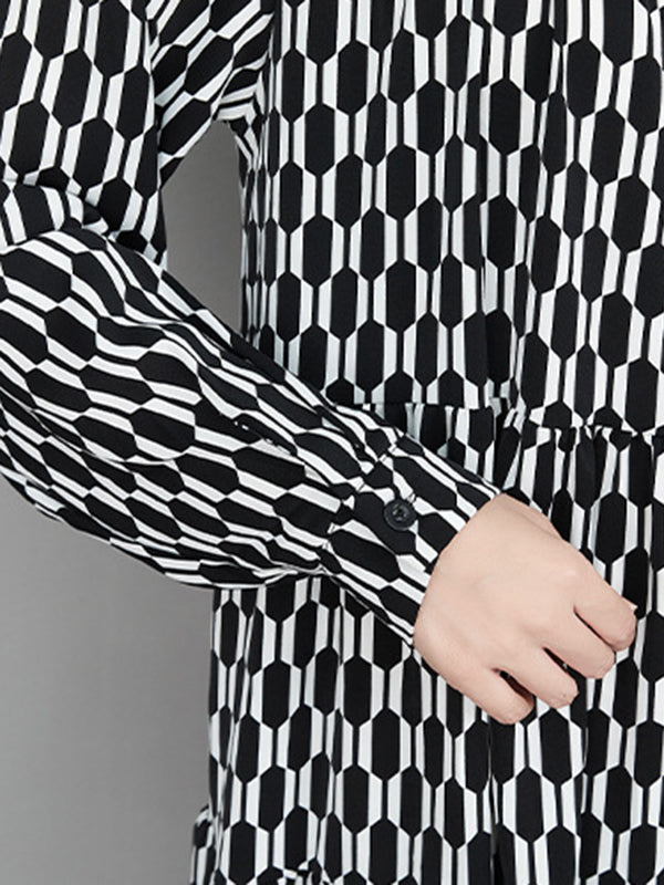 xakxx Casual Long Sleeves Loose Buttoned Contrast Color Printed Split-Joint Stand Collar Midi Dresses