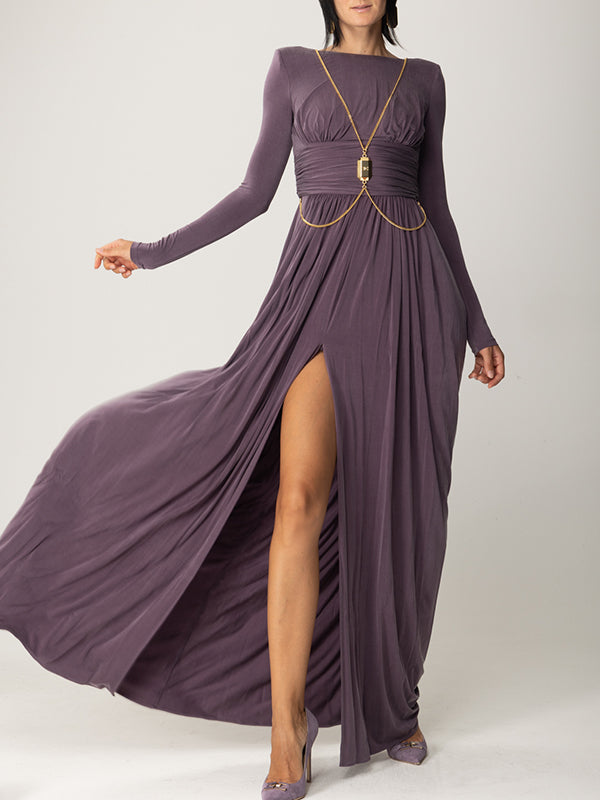 xakxx Long Sleeves Backless No Body Chain Pleated Solid Color Tied Waist Maxi Dresses