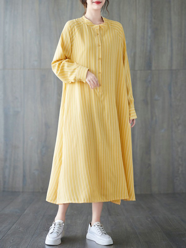 xakxx Long Sleeves Loose Buttoned Split-Side Striped Round-Neck Midi Dresses Shirt Dress