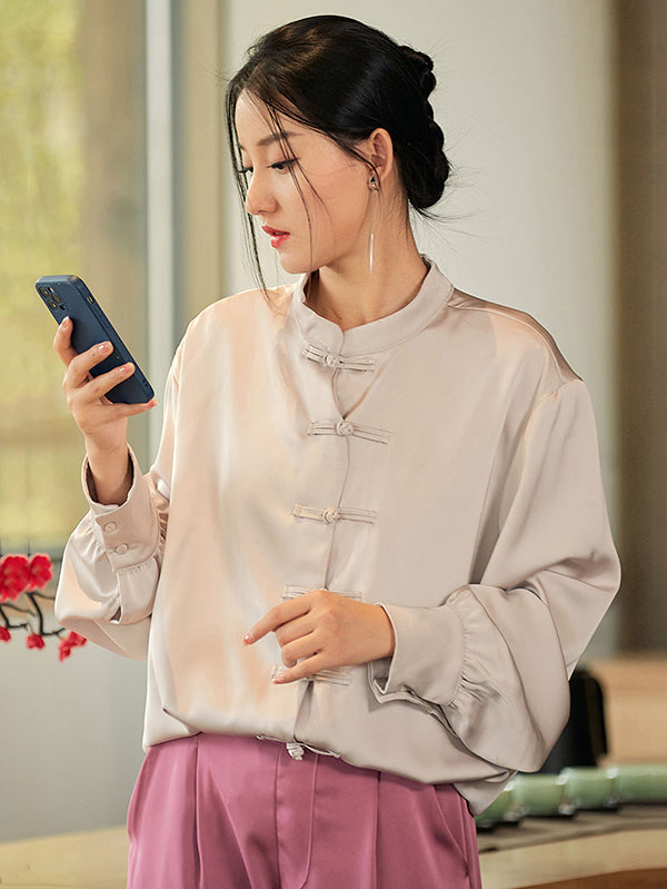 xakxx Vintage Long Sleeves Loose Buttoned Solid Color Stand Collar Blouse Top