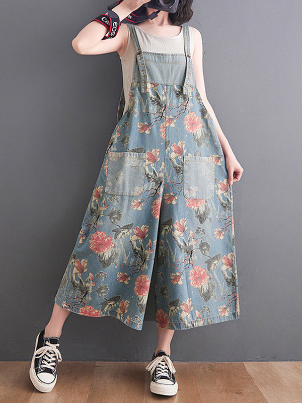 xakxx Oversize Wide Leg Floral Printed Split-Joint Overalls