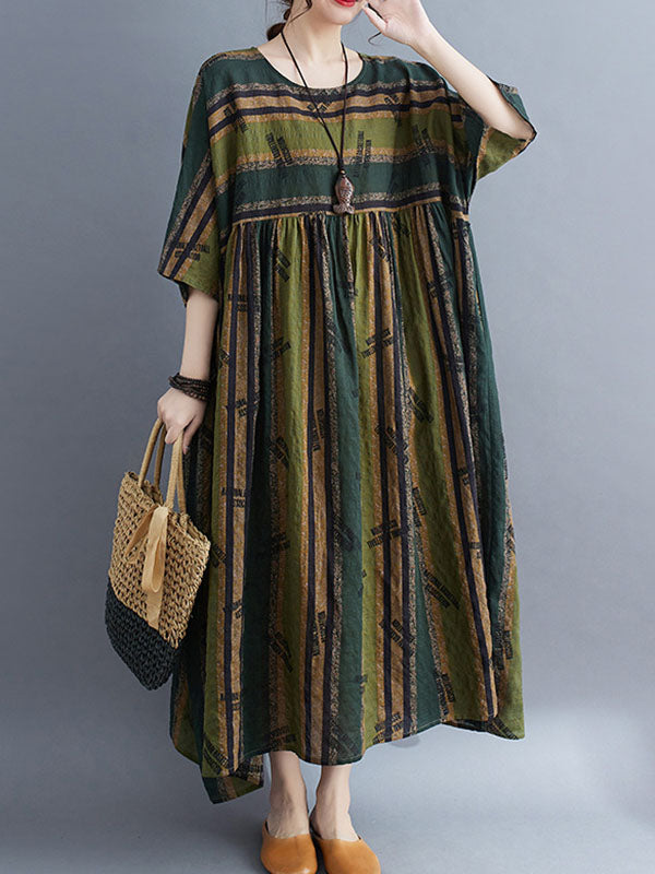 xakxx Loose Striped Round-Neck Midi Dresses