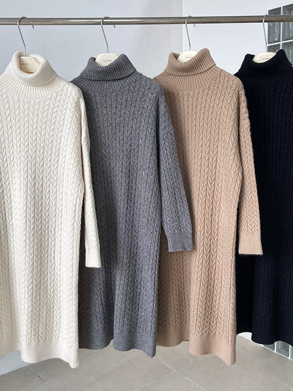 xakxx Stylish Loose Long Sleeves Solid Color High-Neck Twist Sweater Dresses