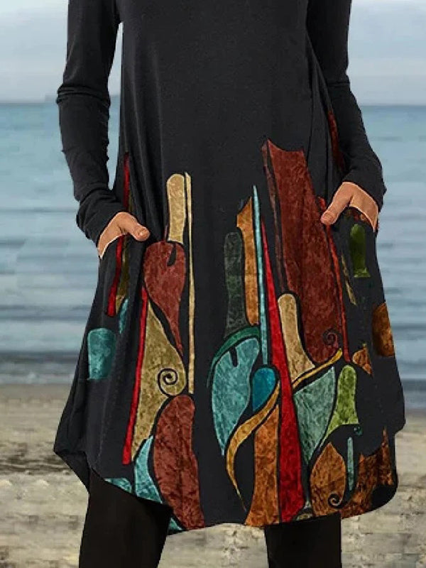 xakxx Casual Long Sleeves Loose Contrast Color Printed Round-Neck Mini Dresses