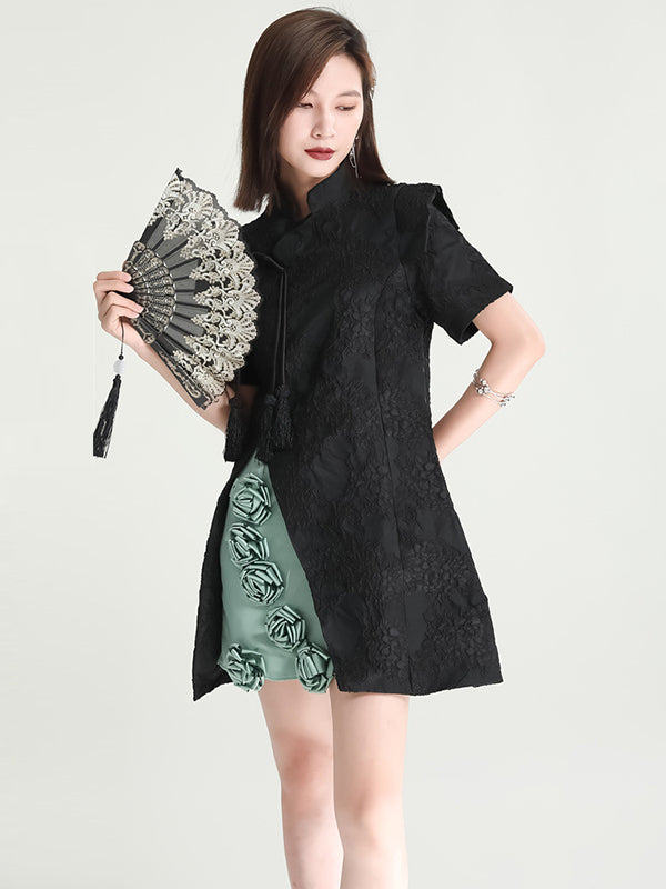 xakxx Vintage Contrast Color Applique Embroidered Short Cheongsams Mini Dress