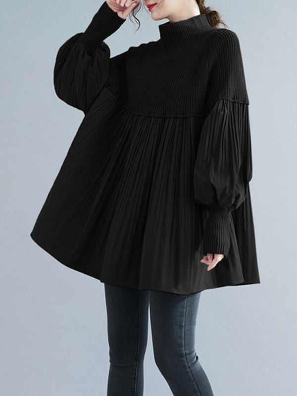 xakxx Long Sleeves Loose Pleated Split-Joint High Neck Sweater Tops