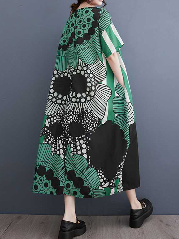 xakxx A-Line Loose Flower Print Pockets Split-Joint Round-Neck Midi Dresses