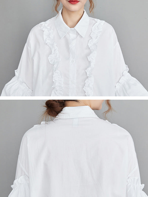 xakxx Casual Loose Long Sleeves Buttoned Ruffled Solid Color Lapel Collar Blouses&Shirts Tops