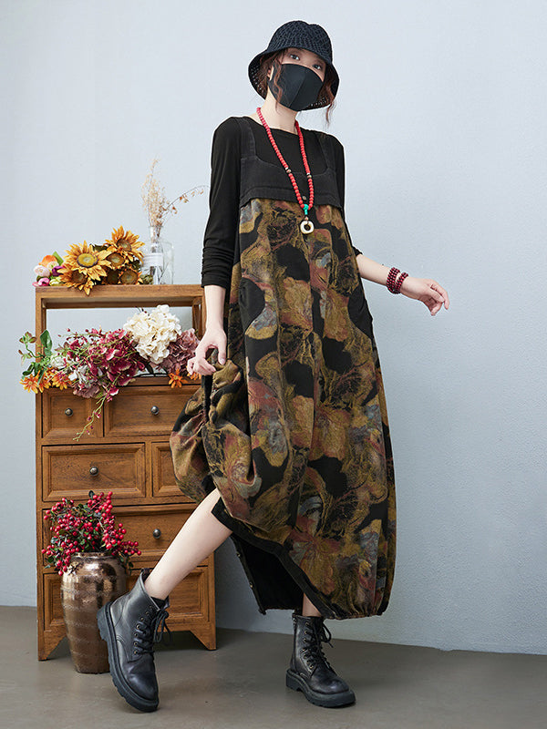 xakxx Artistic Retro Vintage Loose Floral Printed Square-Neck Sleeveless Overalls