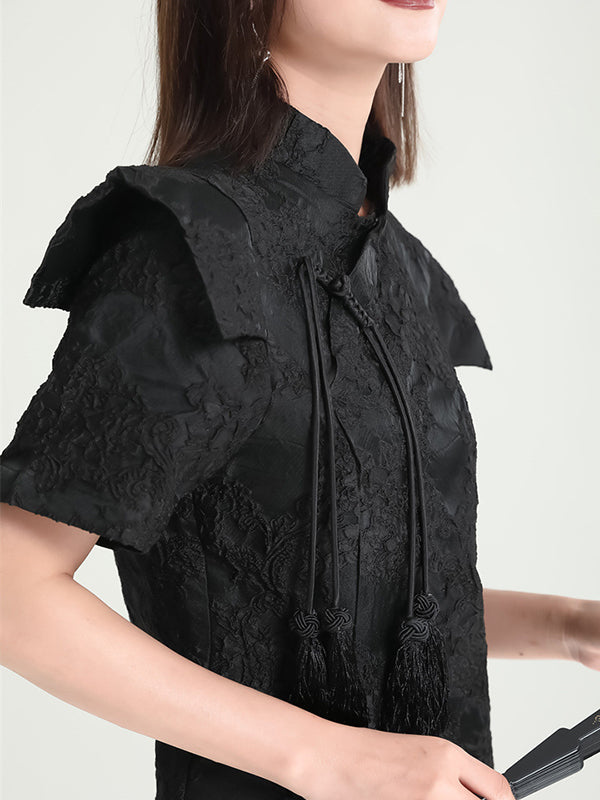 xakxx Vintage Contrast Color Applique Embroidered Short Cheongsams Mini Dress