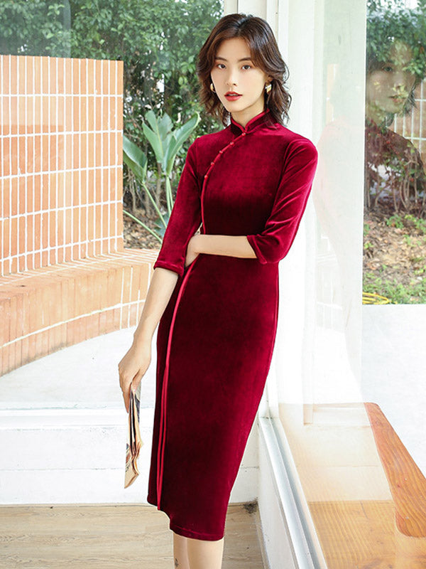 xakxx Solid Color Velvet Banquet Split-Side Long Cheongsams