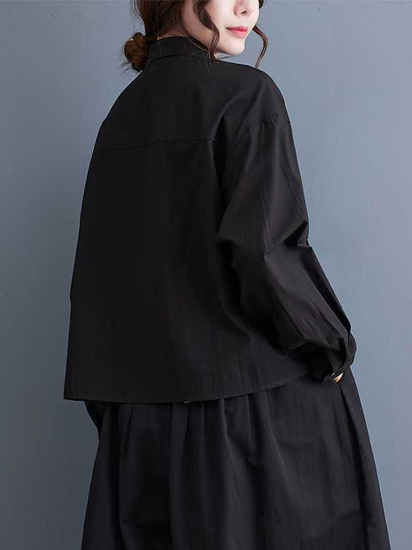 xakxx Long Sleeves Loose Applique Buttoned Embroidered Lapel Blouses&Shirts Tops