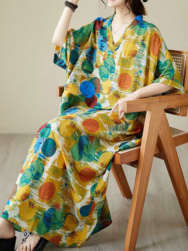 xakxx Batwing Sleeves Half Sleeves Contrast Color Polka-Dot V-Neck Maxi Dresses