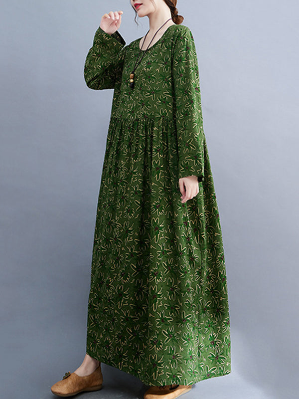 xakxx Artistic Retro Long Sleeves Loose Floral Printed Round-Neck Midi Dresses