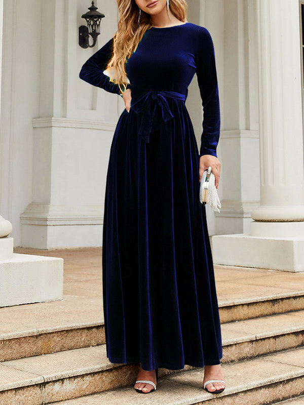 xakxx Long Sleeves Wrap Belted Pleated Solid Color Zipper Round-Neck Maxi Dresses