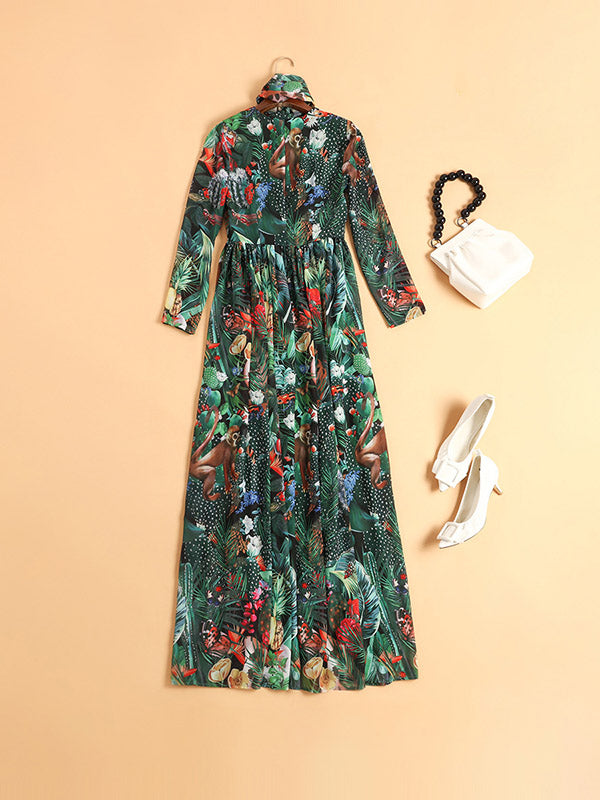 xakxx High Waisted Long Sleeves Bowknot Elasticity Flower Print Zipper Round-Neck Maxi Dresses