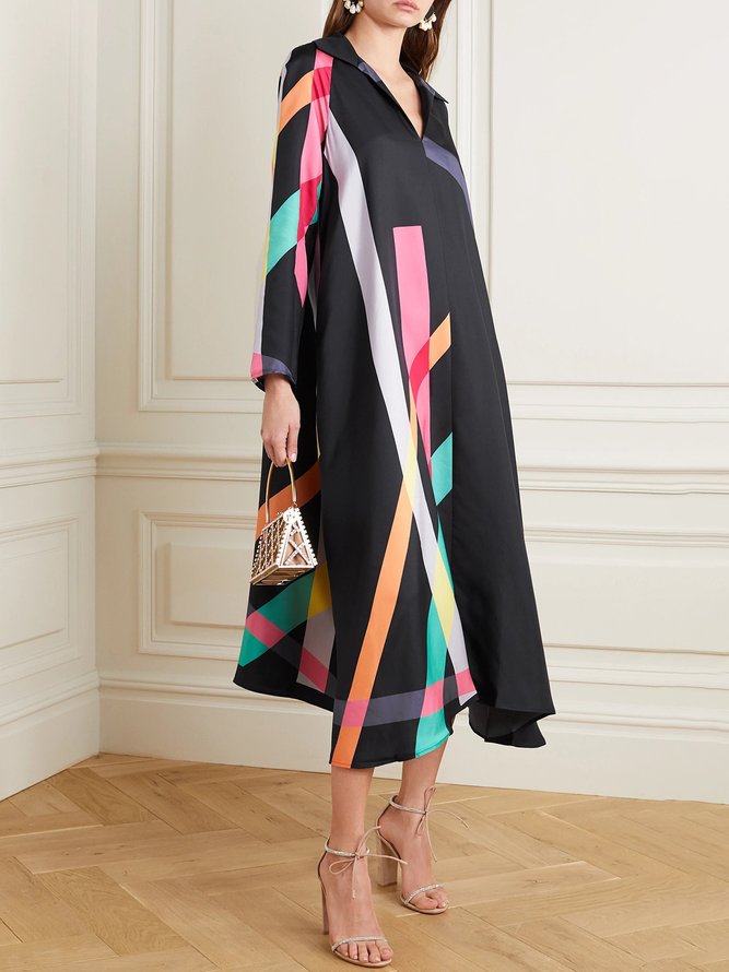 xakxx Stylish Irregularity Long Sleeves Contrast Color Striped V-Neck Midi Dresses