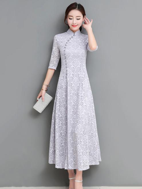 xakxx Gray&Coffee Lace A-line Long Cheongsam Ao Dai