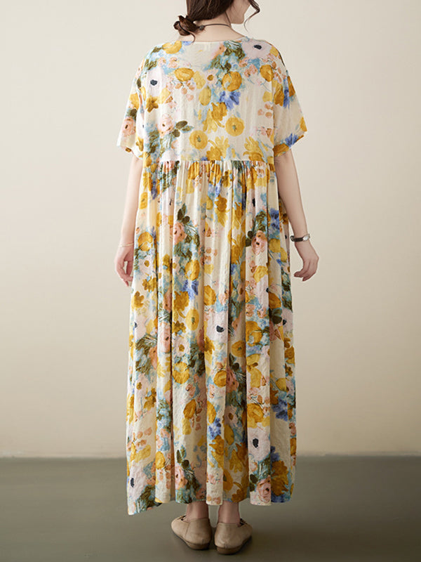 xakxx A-Line Loose Floral Printed Round-Neck Midi Dresses
