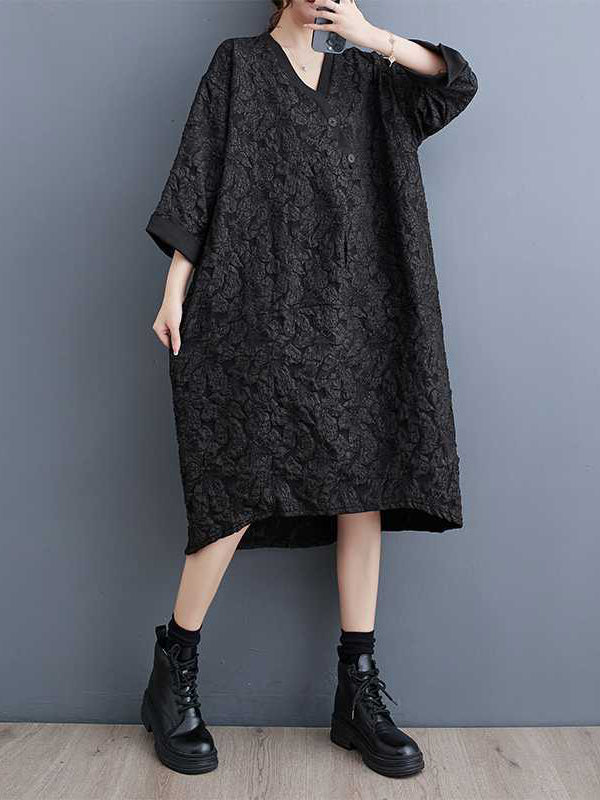 xakxx A-Line Half Sleeves Asymmetric Buttoned Jacquard V-Neck Midi Dresses