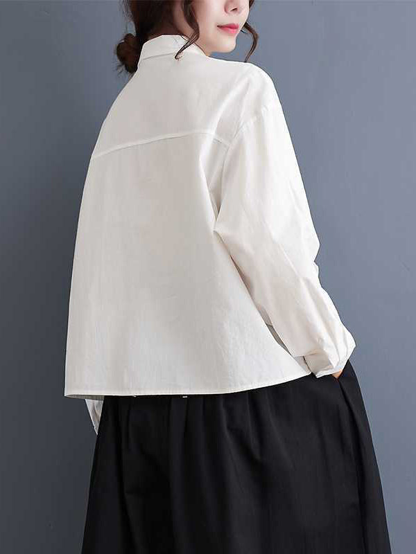 xakxx Long Sleeves Loose Applique Buttoned Embroidered Lapel Blouses&Shirts Tops