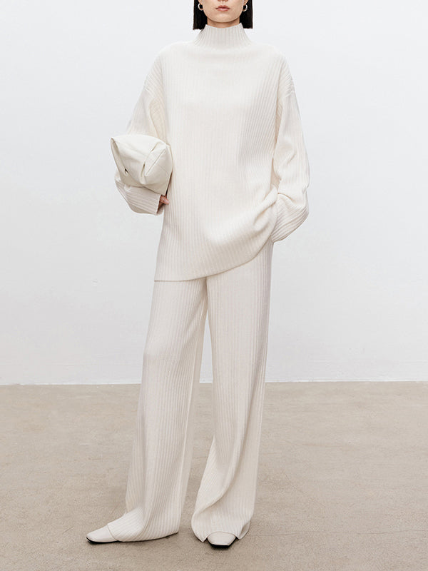 xakxx xakxx-Solid Color Long Sleeves High-Neck Sweater Top + Wide Leg Pants Bottom Two Pieces Set