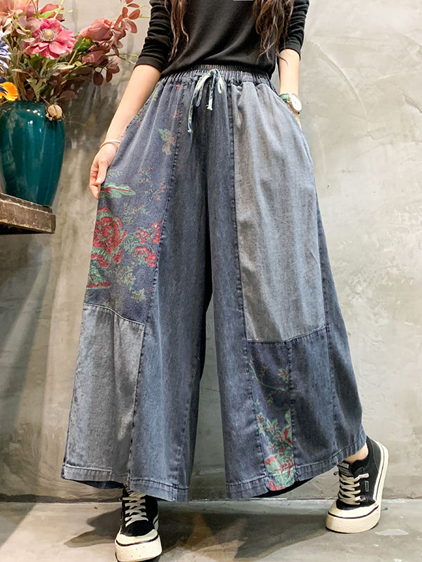 xakxx Casual Wide Leg Loose Color-Block Bandage Embroidered Jean Pants Bottoms