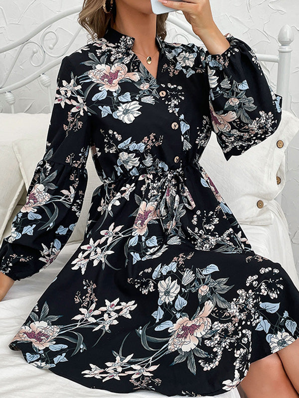 xakxx A-Line High Waisted Buttoned Drawstring Elasticity Flower Print V-Neck Mini Dresses