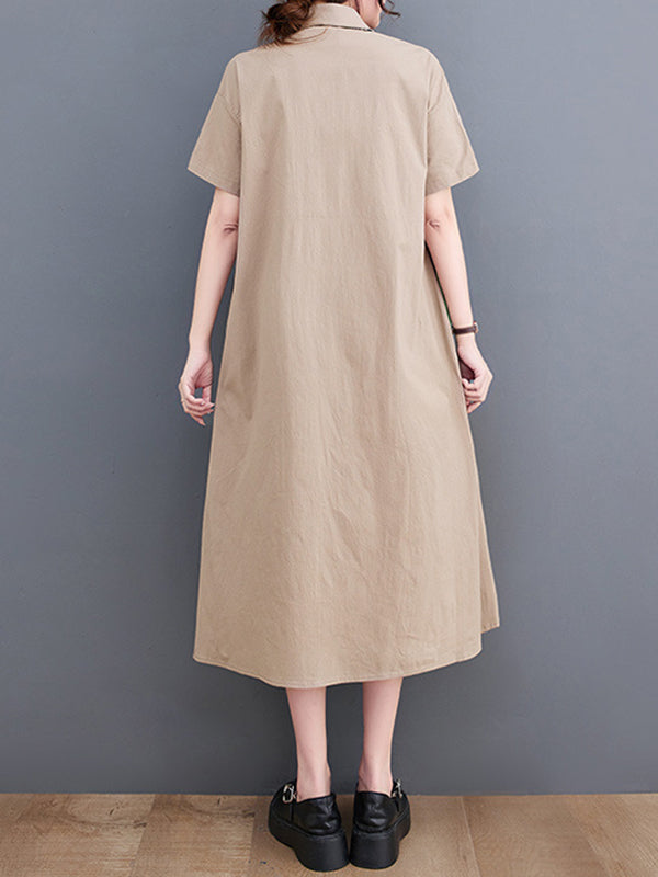 xakxx Loose Oversize Color-Block Contrast Color Split-Joint Lapel Midi Dresses Shirt Dress