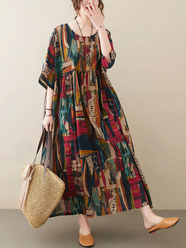 xakxx Vintage Loose Abstract Printed Pleated Round-Neck Half Sleeves Midi Dress