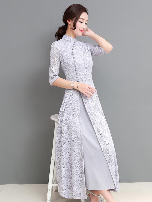 xakxx Gray&Coffee Lace A-line Long Cheongsam Ao Dai