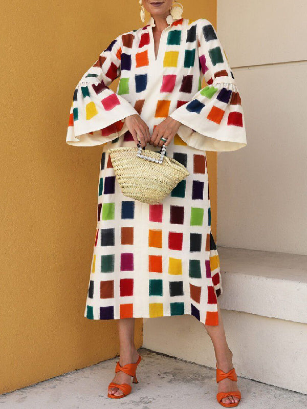 xakxx Original Flared Sleeves Split-Joint Multi-Colored Plaid Midi Dress