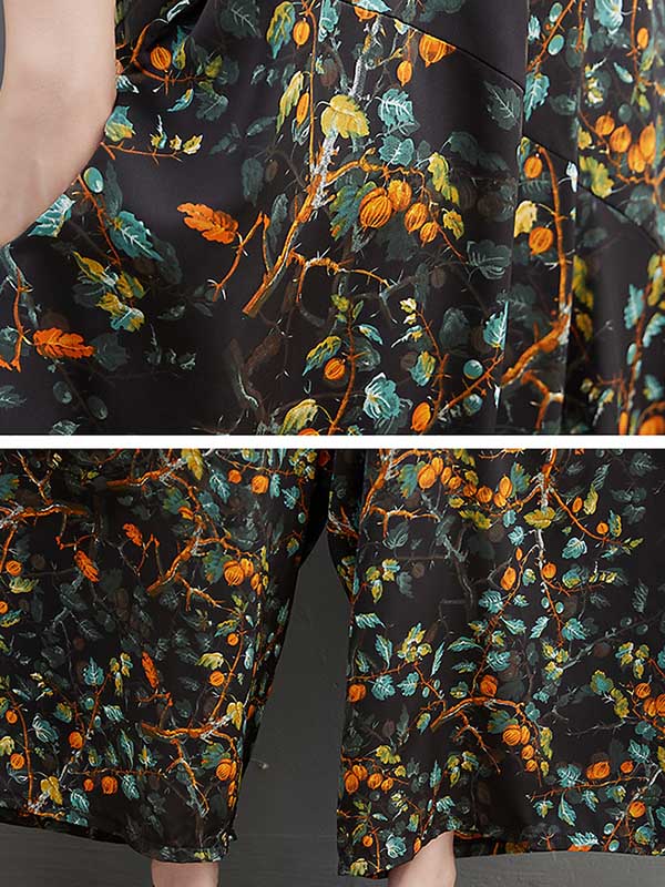 xakxx Loose Artistic Retro Ramie Cotton Floral Printed V-Neck Overalls