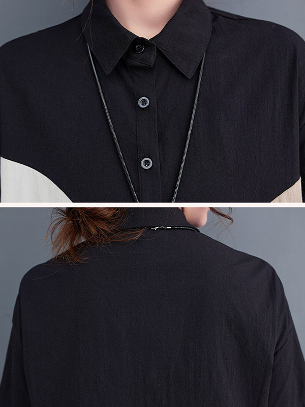 xakxx Loose Oversize Color-Block Contrast Color Split-Joint Lapel Midi Dresses Shirt Dress