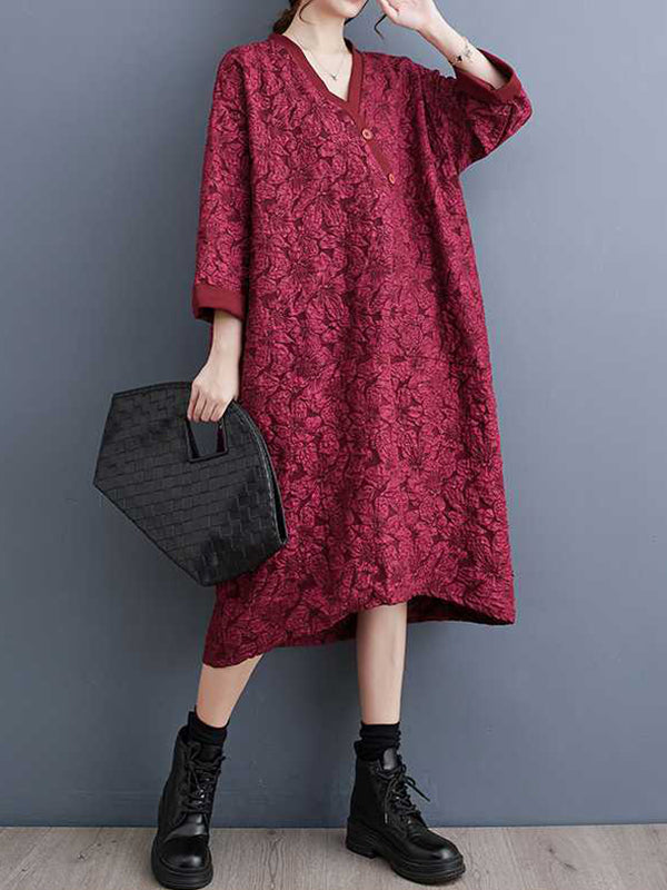 xakxx A-Line Half Sleeves Asymmetric Buttoned Jacquard V-Neck Midi Dresses
