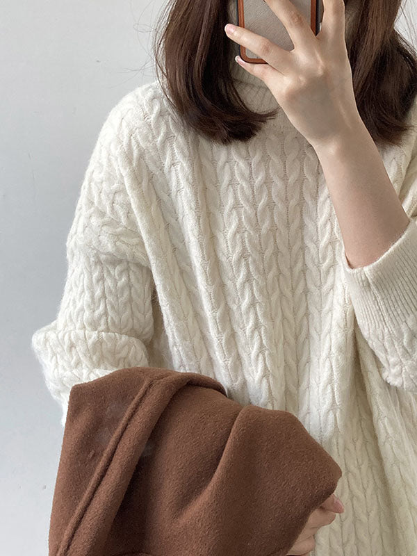 xakxx Stylish Loose Long Sleeves Solid Color High-Neck Twist Sweater Dresses