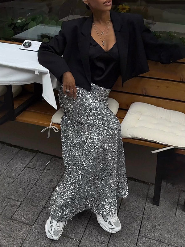 xakxx H-Line Loose Sequined Split-Joint Skirts