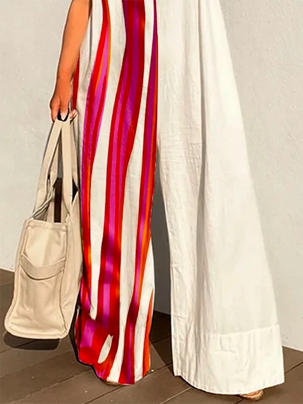 xakxx Sleeveless Wide Leg Contrast Color Printed Striped Jumpsuits