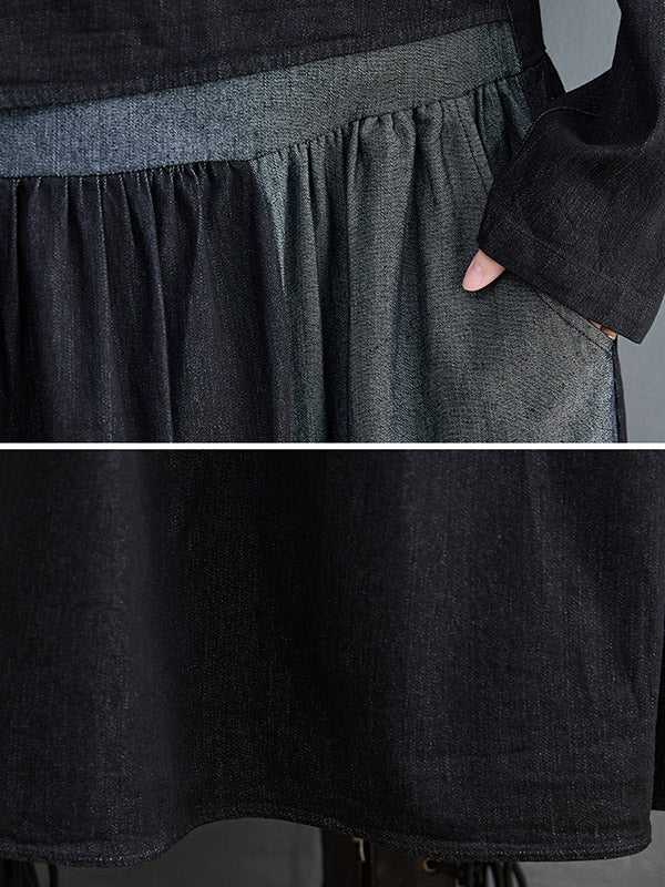 xakxx Original Loose Denim Split-Joint Tied Lapel Collar Long Sleeves Midi Dress
