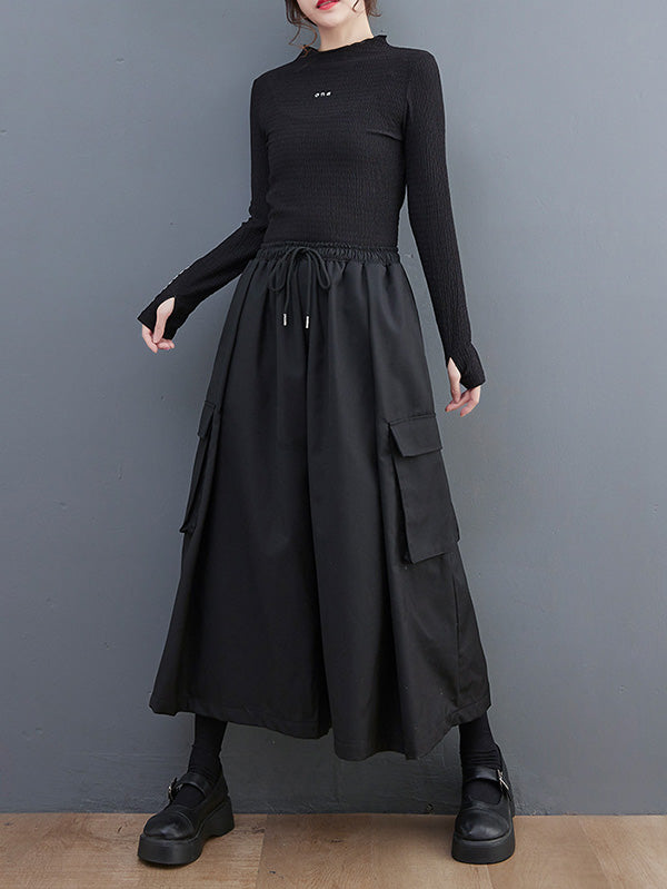 xakxx Simple Loose Wide Leg Drawstring Solid Color Casual Pants Bottoms