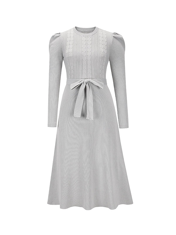 xakxx High Waisted Long Sleeves Solid Color Tied Waist Round-Neck Midi Dresses Sweater Dresses