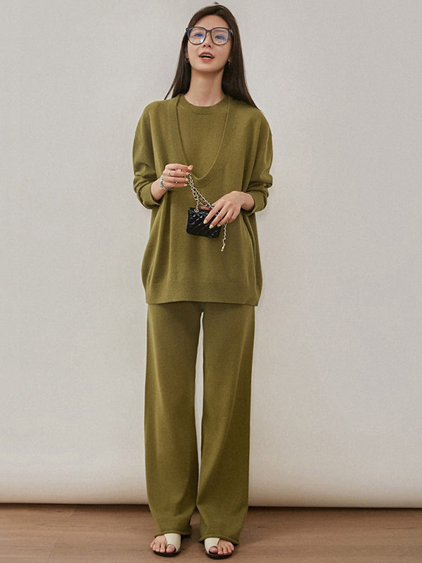 xakxx xakxx-Urban Loose Solid Round-Neck Vest Top& V-Neck Sweater Tops& Wide Leg Pants Three-Piece Set