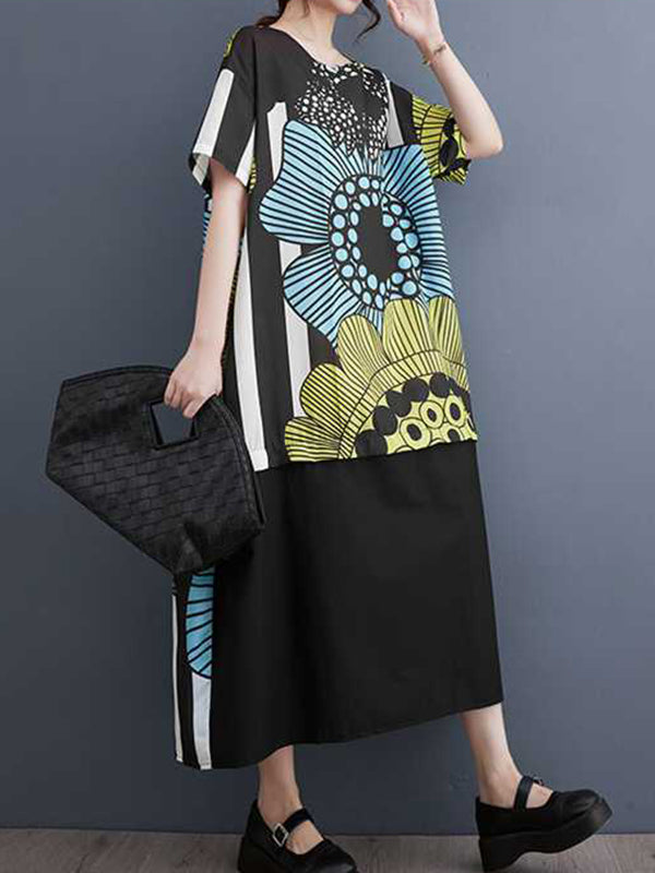 xakxx A-Line Loose Flower Print Pockets Split-Joint Round-Neck Midi Dresses